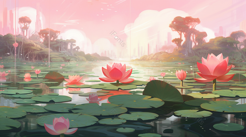 夏季湖泊岸边盛开的莲花,插画/手绘图,插画/手绘图库,插画/手绘图下载,插画/手绘